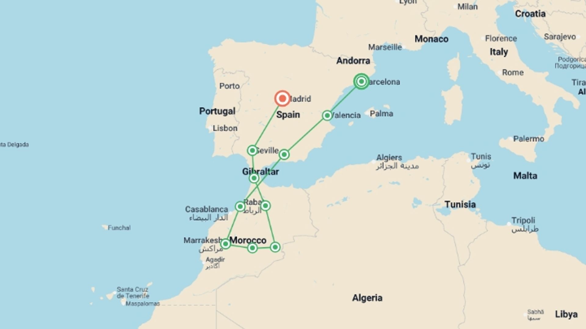 A map showing the tour itinerary for the trip: Spain and Magical Morocco, starting in Barcelona, Spain and ending in Madrid, Spain going through 9 other destinations.