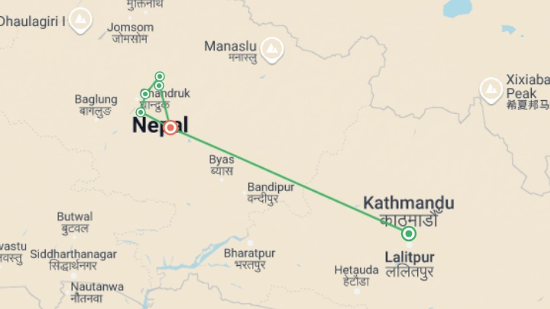 A map showing the tour itinerary for the trip: Short Mardi Himal Trek, starting in Kathmandu, Nepal and ending in Pokhara, Nepal going through 5 other destinations.