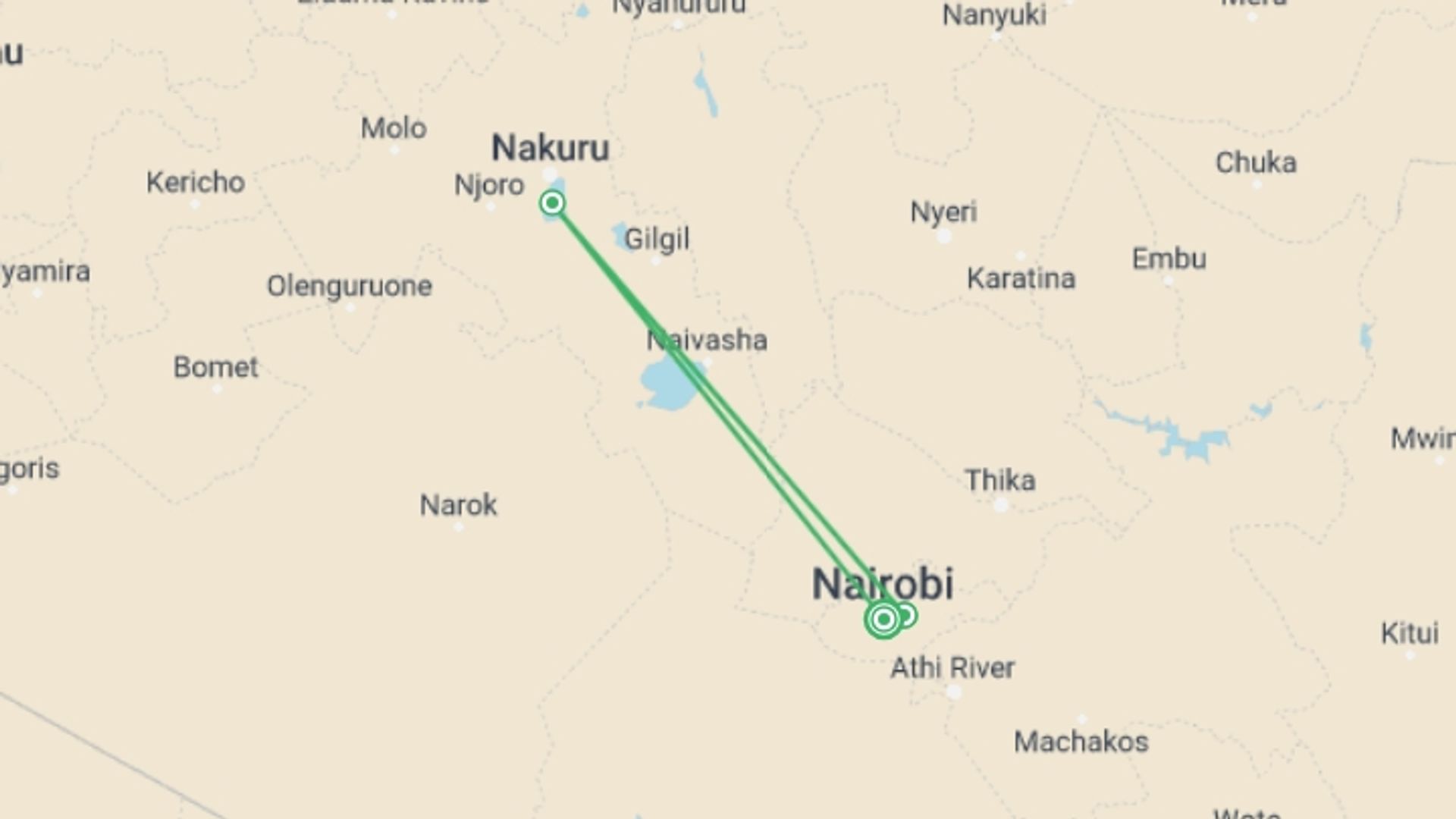 A map showing the tour itinerary for the trip: 4-Day Hemingway Safari, starting in Nairobi, Kenya and ending in Nairobi, Kenya going through 3 other destinations.