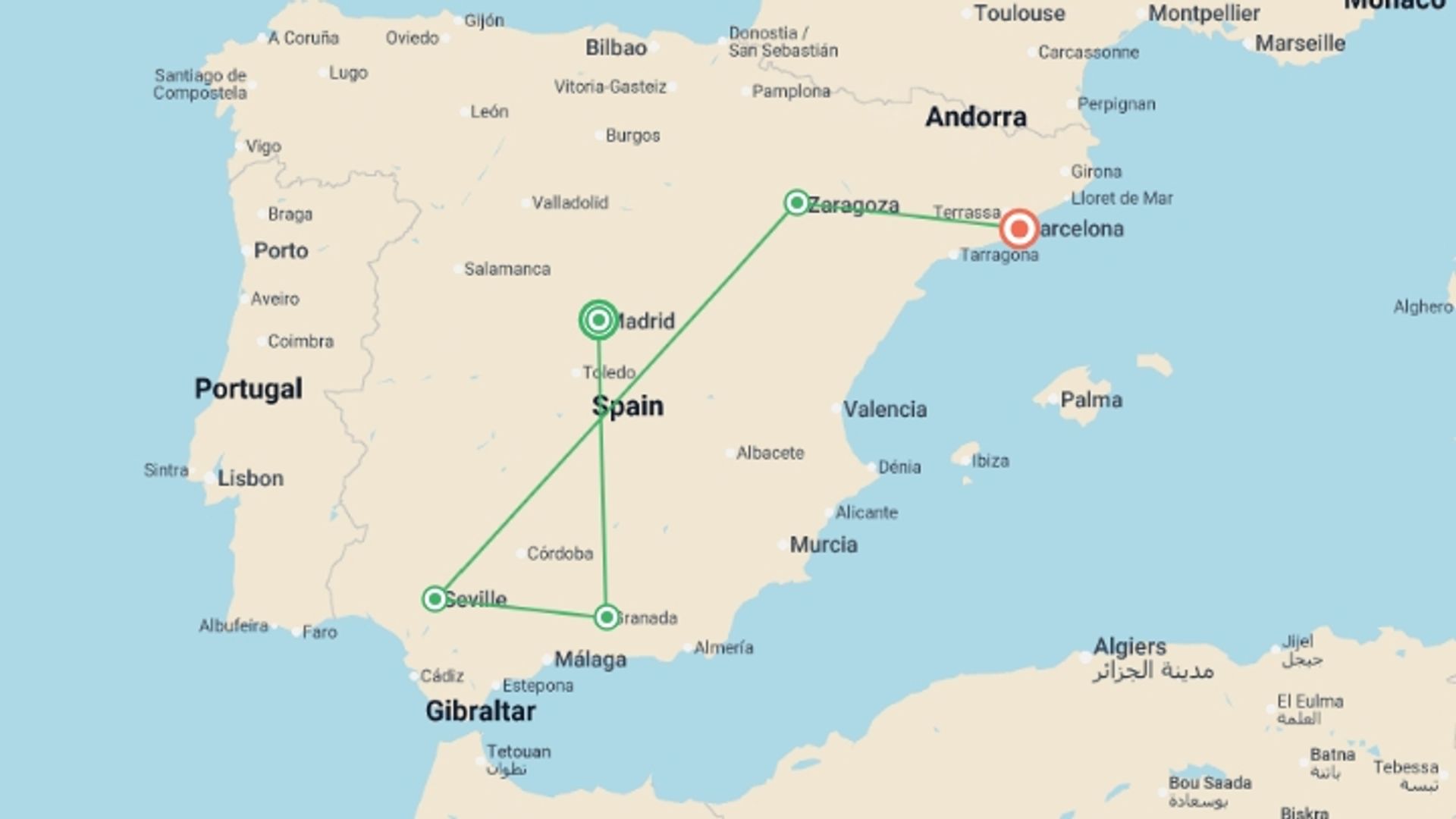 A map showing the tour itinerary for the trip: Classical Spain, starting in Madrid, Spain and ending in Barcelona, Spain going through 3 other destinations.