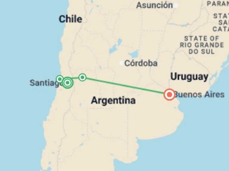 Map itinerary of Mendoza Tour in March 2027 with 4 destination visits for the trip: Premium Chile & Argentina
