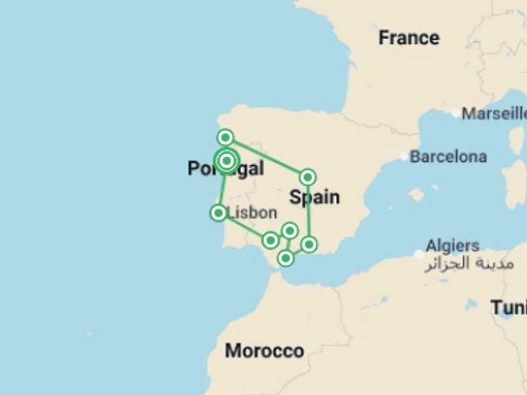 Map of Europe Tour with 8 destination visits for the trip: Andalucia Explorer From Porto - 12 days