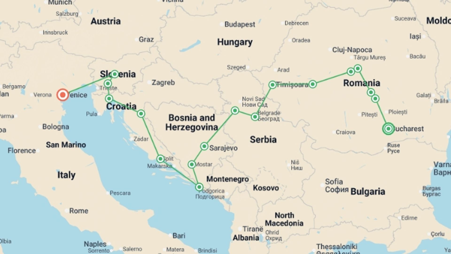 A map showing the tour itinerary for the trip: Amazing Balkans, starting in Bucharest, Romania and ending in Venice, Italy going through 8 other destinations.