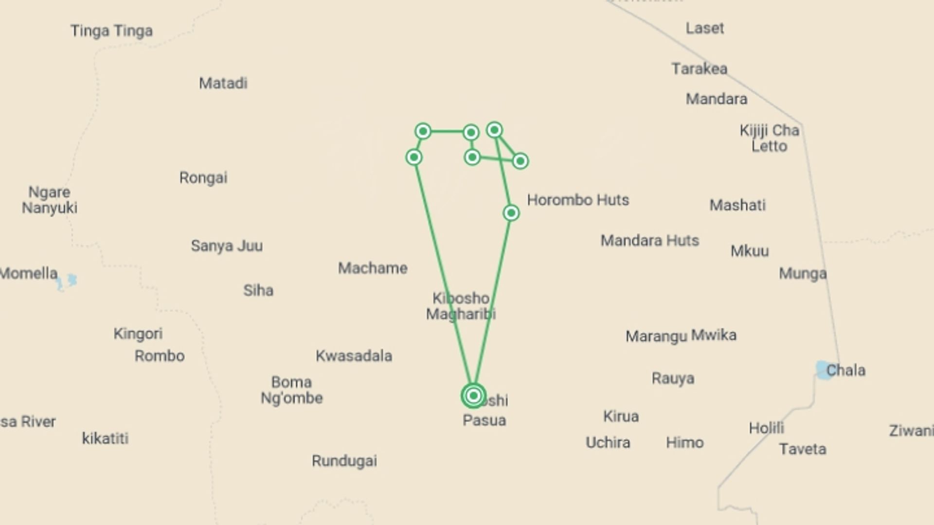 A map showing the tour itinerary for the trip: Mount Kilimanjaro Trekking 6-Day Machame Route, starting in Moshi, Tanzania and ending in Moshi, Tanzania going through 6 other destinations.