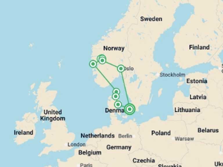 Map itinerary of Europe Tour in May 2026 with 6 destination visits for the trip: Scandi Viking Trail - 13 days