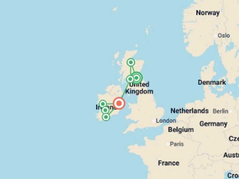 Map of Europe Tour with 7 destination visits for the trip: Scotland and Ireland