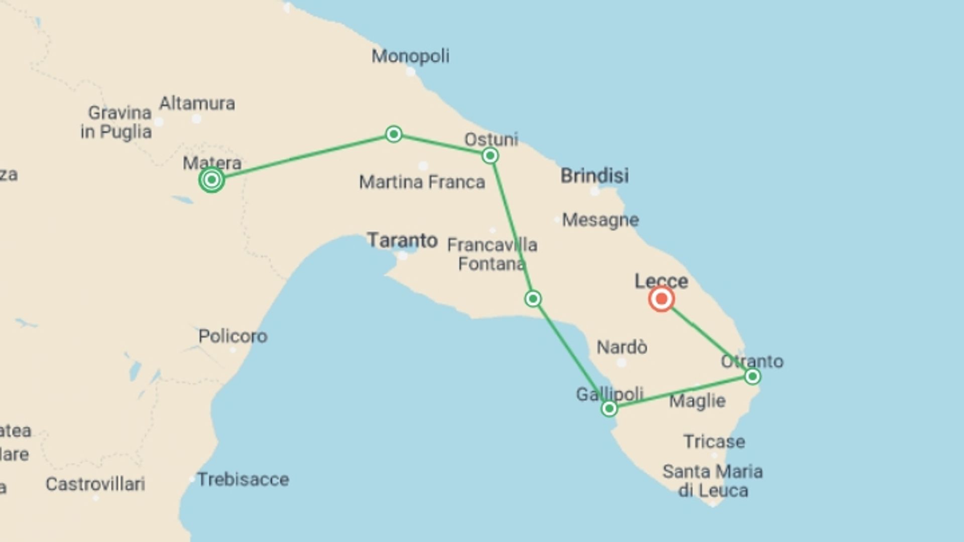 A map showing the tour itinerary for the trip: Cycling Puglia & Matera, starting in Matera, Italy and ending in Lecce, Italy going through 6 other destinations.
