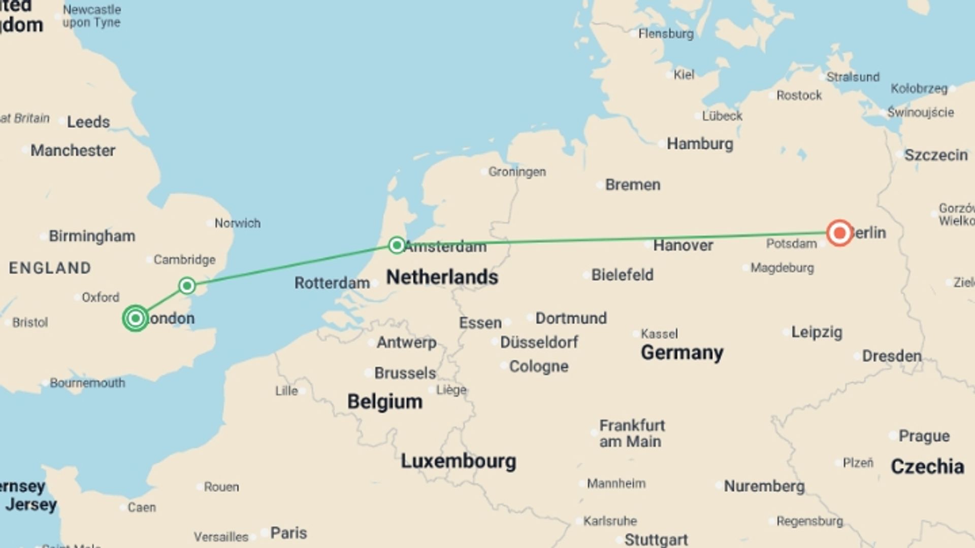 A map showing the tour itinerary for the trip: Northern Route end Berlin GO, starting in London, England and ending in Berlin, Germany going through 2 other destinations.