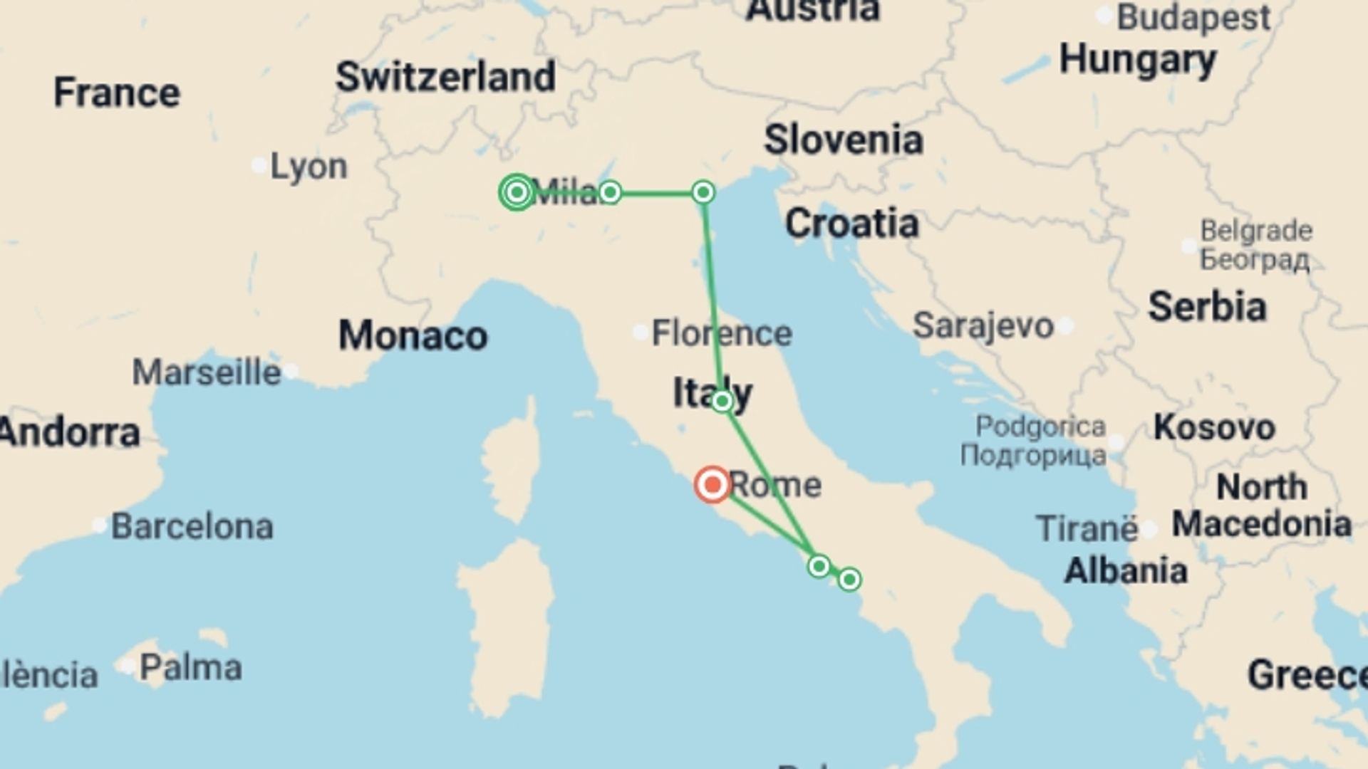 A map showing the tour itinerary for the trip: Italian Lakes to Eternal Rome Adventure - 8 days, starting in Milan, Italy and ending in Rome, Italy going through 5 other destinations.