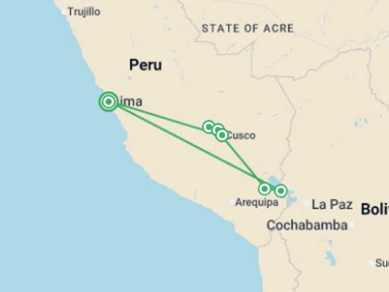 Map itinerary of South America Tour in October 2025 with 6 destination visits for the trip: Best Of Peru