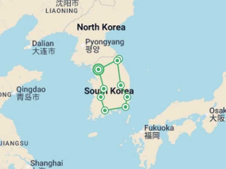 Map of East Asia Cultural, religious and historic sites Tour with 9 destination visits for the trip: Premium South Korea Small Group Tour