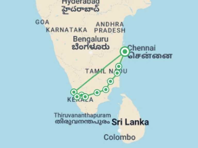 Map itinerary of India Tour in September 2027 with 10 destination visits for the trip: Southern India Coast to Coast Ride