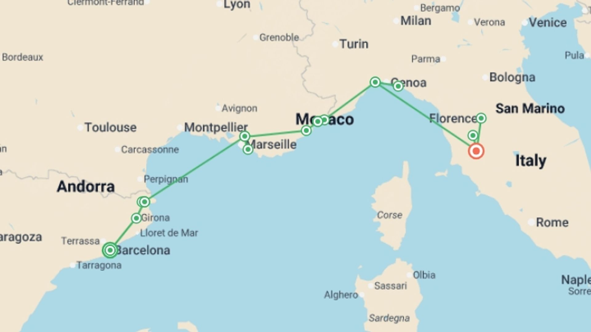 A map showing the tour itinerary for the trip: Mediterranean Coastal Journey Spain, France & Italy, starting in Barcelona, Spain and ending in Tuscany, Italy going through 4 other destinations.