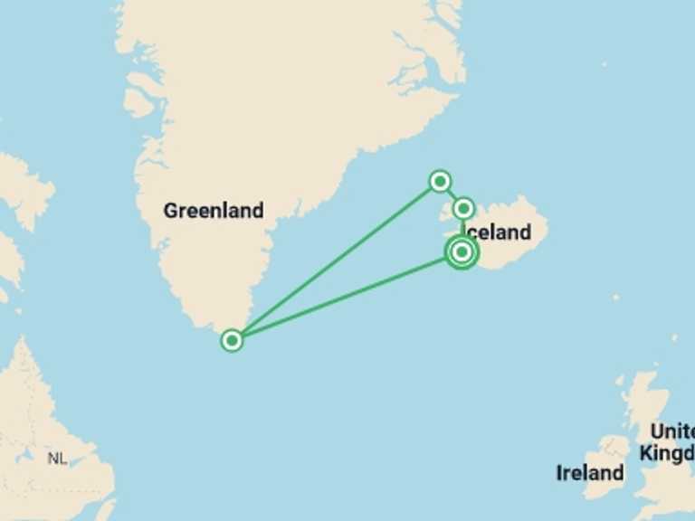 Map of Reykjavik Polar expeditions and cruise Tour with 4 destination visits for the trip: Iceland to Greenland: Mountains, Glaciers and the Westfjords