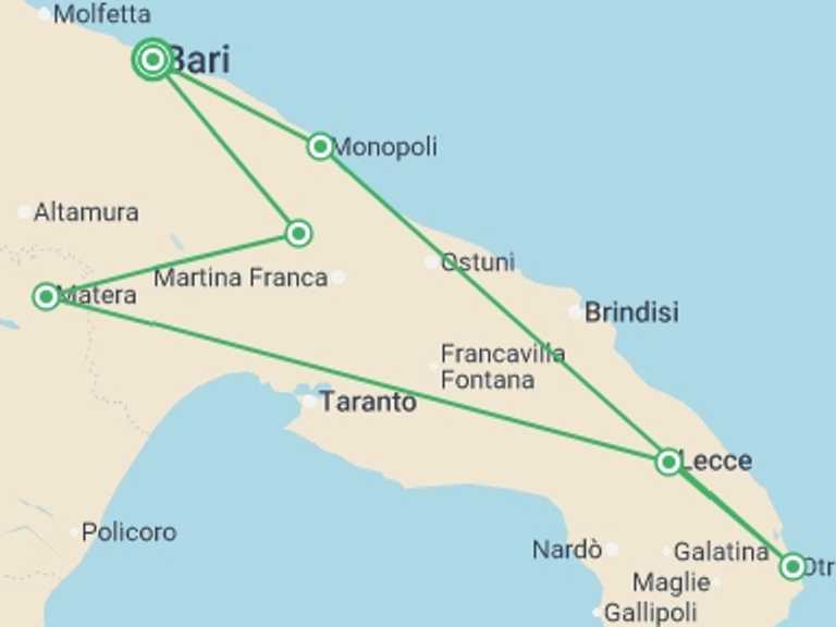 Map of Mediterranean Tour with 6 destination visits for the trip: Perfect Puglia - 8 days