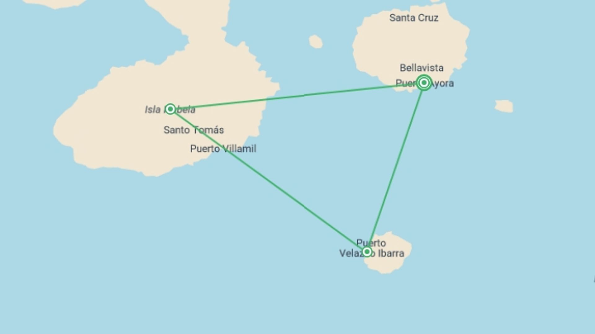 A map showing the tour itinerary for the trip: Galápagos Island Hopping Land-Only, starting in Puerto Ayora, Ecuador and ending in Puerto Ayora, Ecuador going through 2 other destinations.