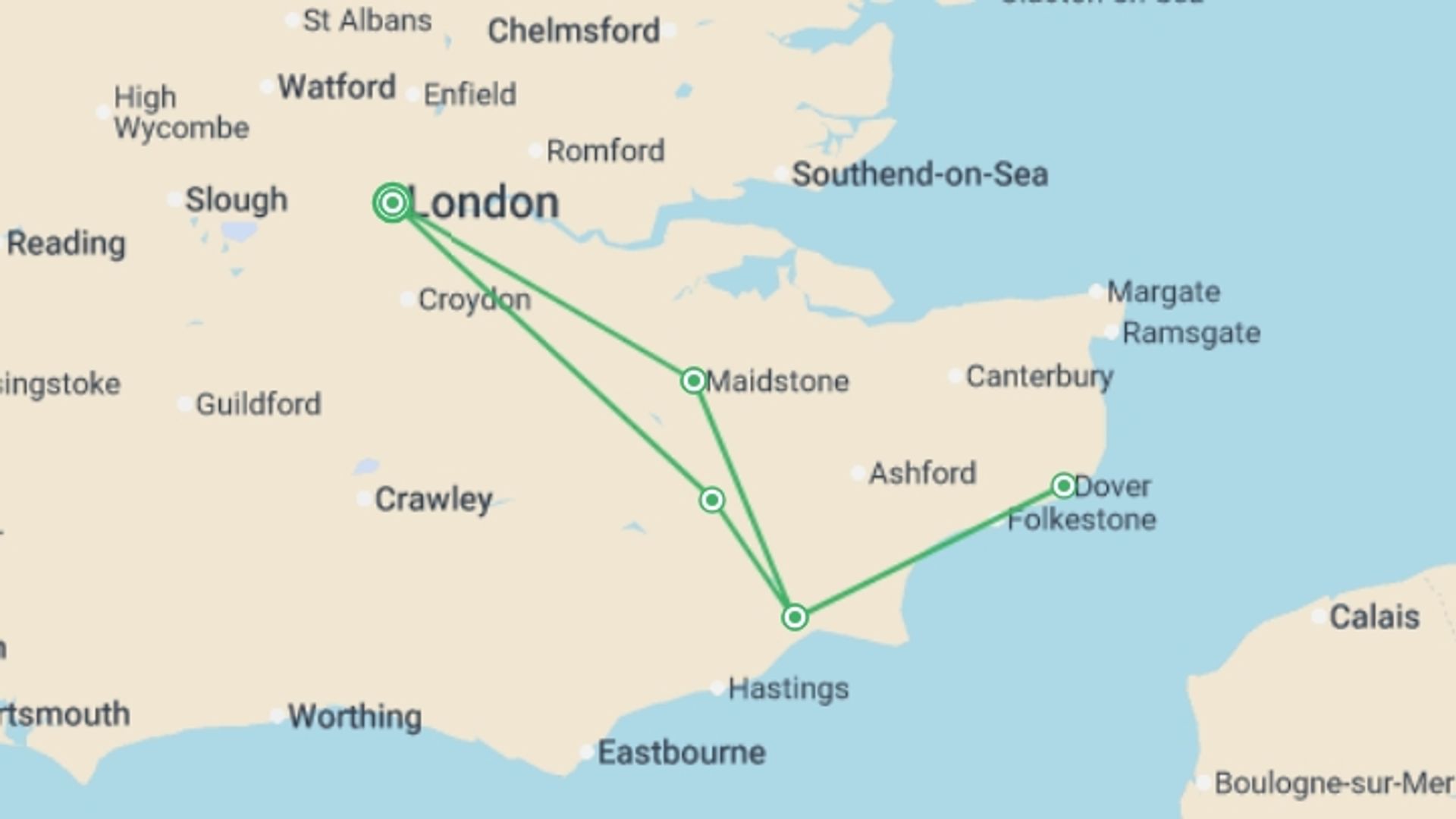 A map showing the tour itinerary for the trip: Kent: the Garden of England, starting in London, England and ending in London, England going through 2 other destinations.