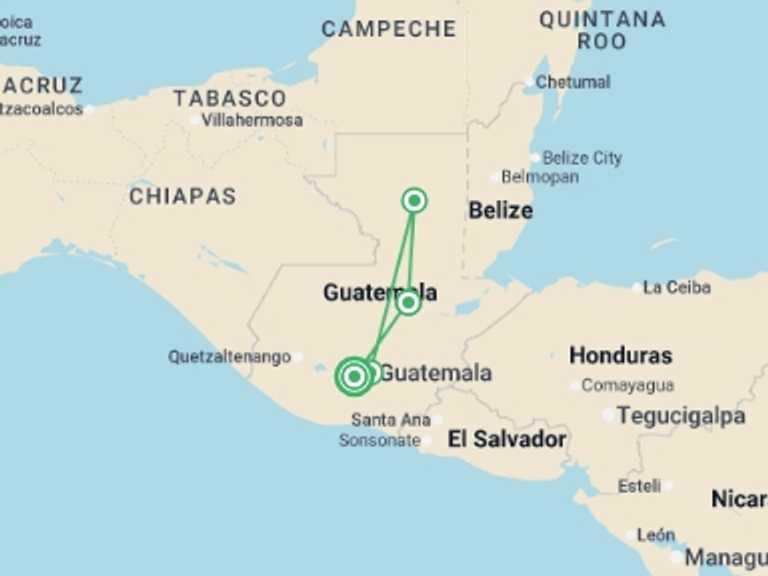 Map of Antigua Explorer Tour with 4 destination visits for the trip: Tikal & Semuc Champey Experience 6D/5N