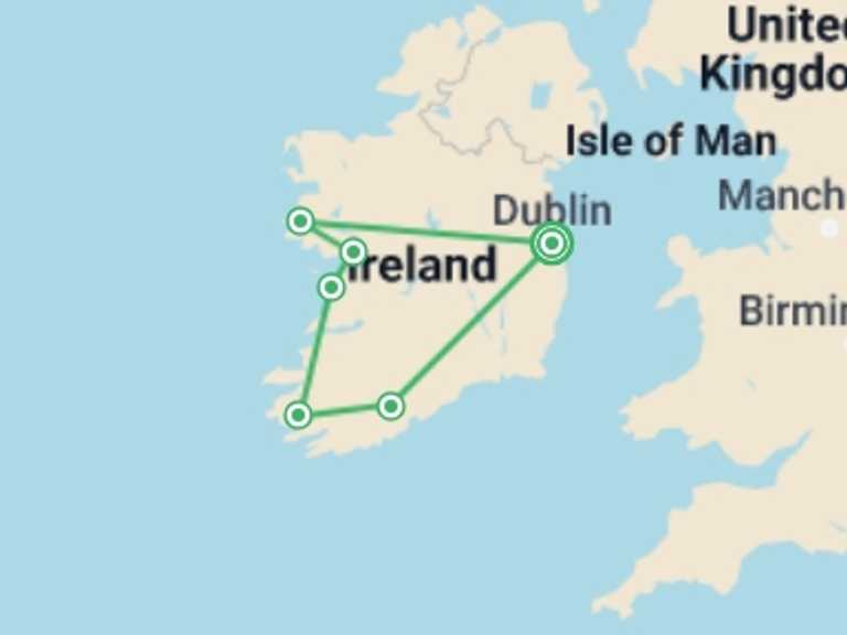 Map of Dublin City sightseeing Tour with 7 destination visits for the trip: Unforgettable Ireland