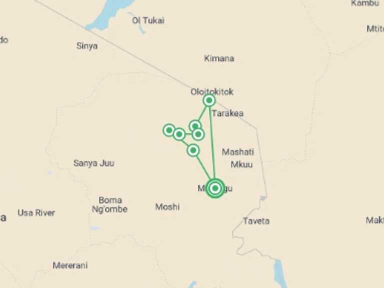 Map itinerary of Africa Tour in June 2026 with 8 destination visits for the trip: Mt Kilimanjaro Climb - 8 days