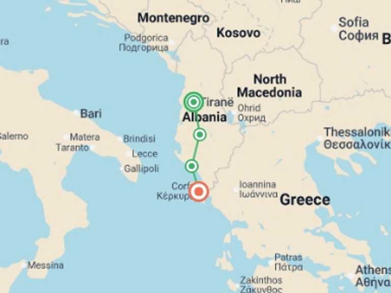 Map of Tirana Explorer Tour with 4 destination visits for the trip: Tirana to Corfu:  Ancient Towns & the Albanian Riviera