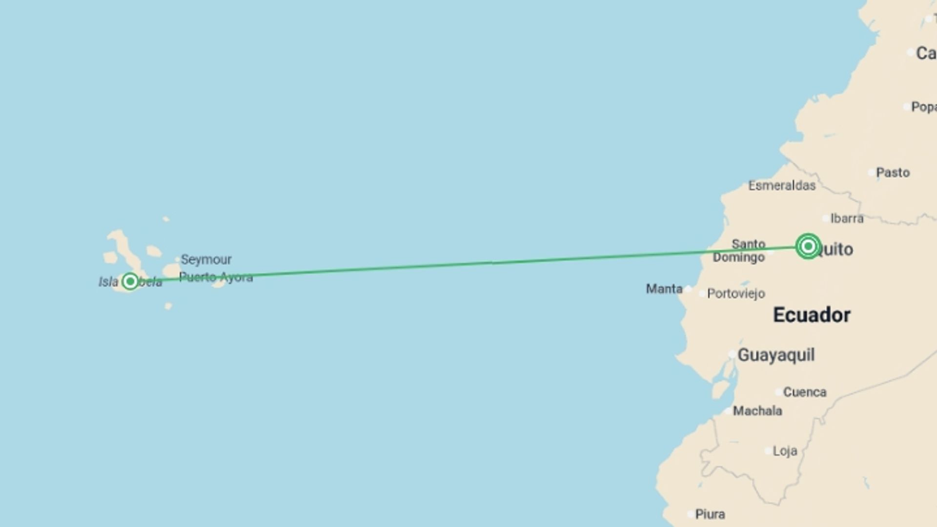 A map showing the tour itinerary for the trip: Quito, Santa Cruz & Isabela - 7 days, starting in Quito, Ecuador and ending in Quito, Ecuador going through 1 other destinations.