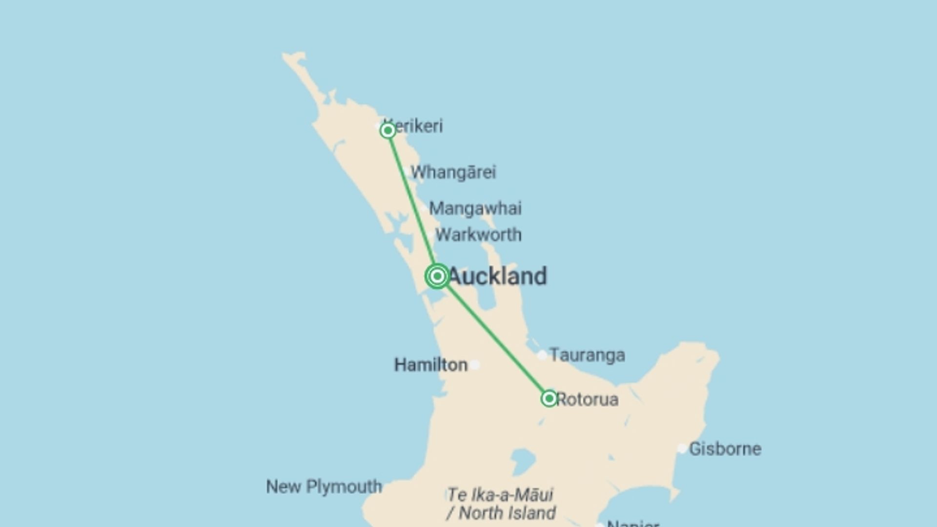 A map showing the tour itinerary for the trip: New Zealand: Sun and Steam, starting in Auckland, New Zealand and ending in Auckland, New Zealand going through 2 other destinations.