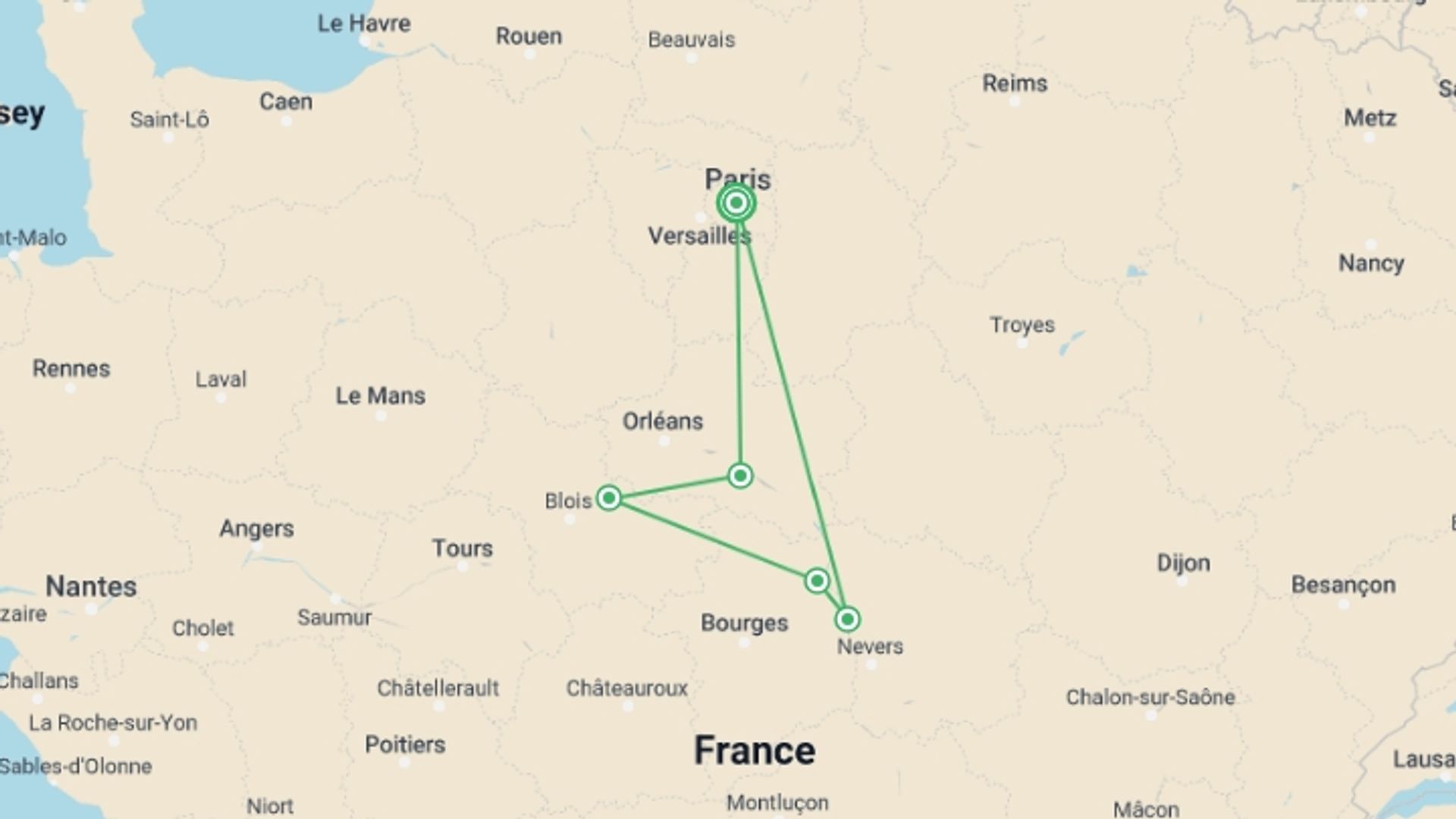 A map showing the tour itinerary for the trip: Cycle the Loire - Nevers to Orléans, starting in Paris, France and ending in Paris, France going through 4 other destinations.