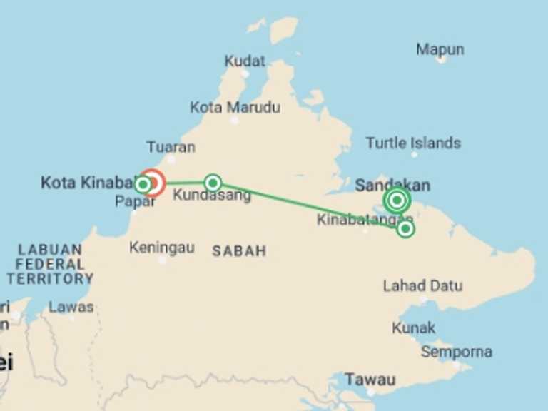 Map of a National parks Tour with 5 destination visits for the trip: Classic Borneo
