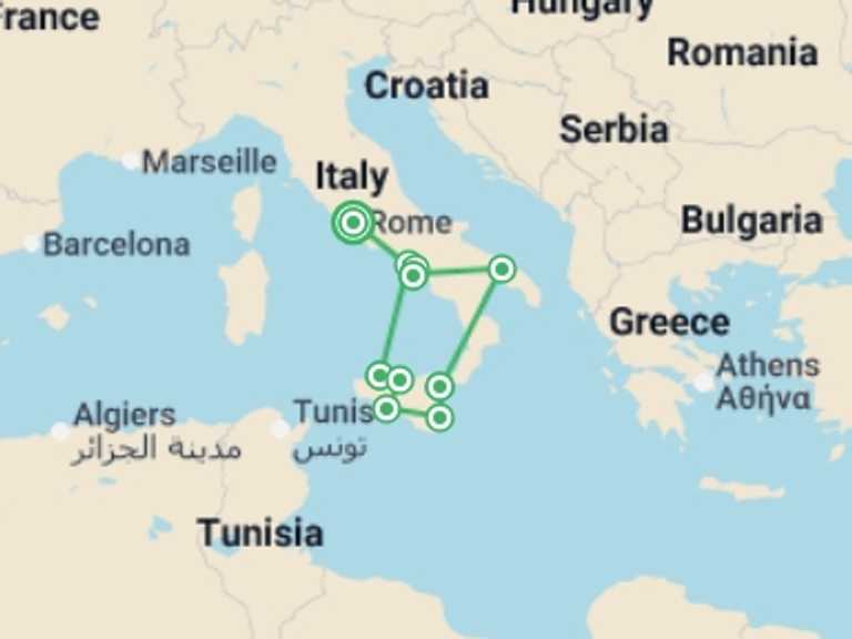 Map of Europe Tour with 7 destination visits for the trip: Highlights of Southern Italy & Sicily