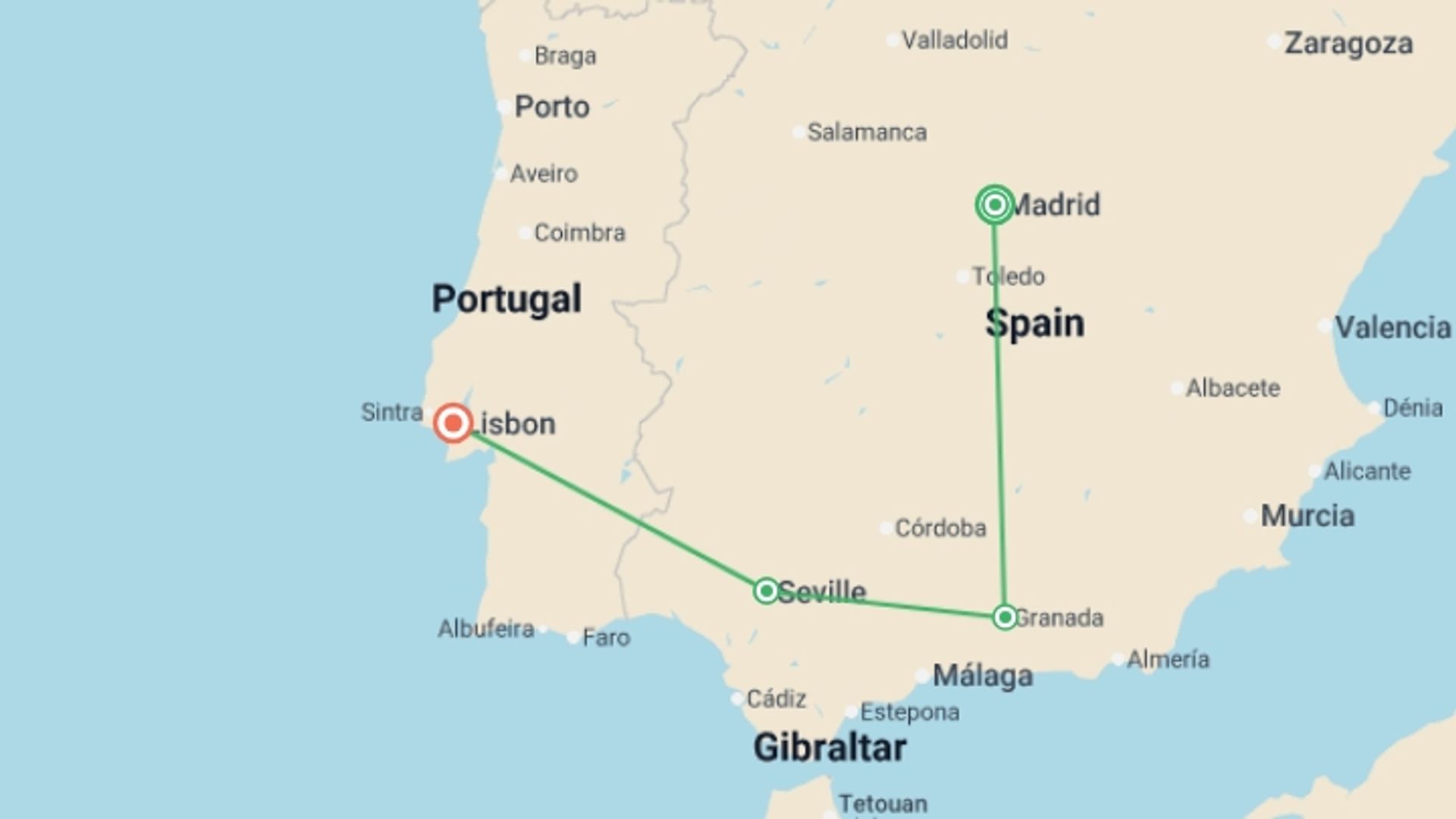 A map showing the tour itinerary for the trip: South of Spain with Lisbon, starting in Madrid, Spain and ending in Lisbon, Portugal going through 2 other destinations.