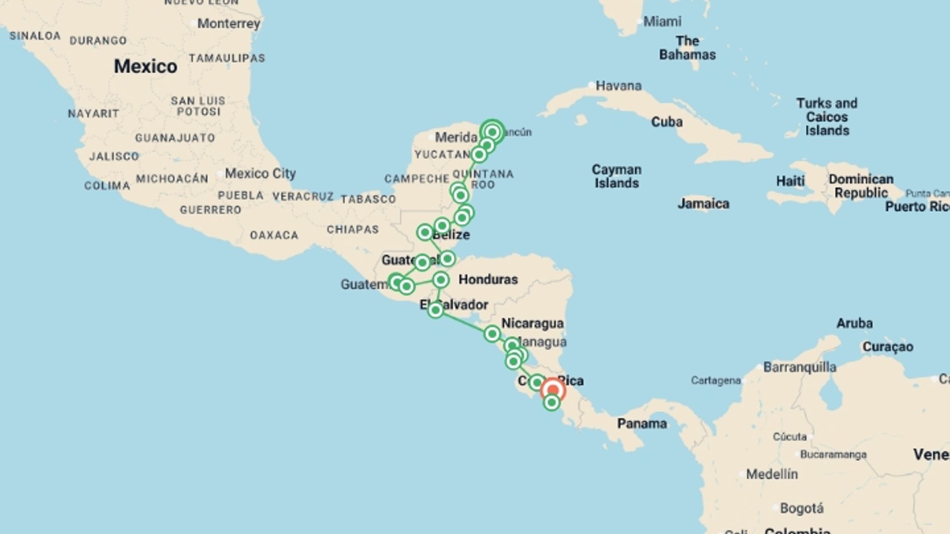 A map showing the tour itinerary for the trip: Cancun to San Jose Travel Pass, starting in Cancún, Mexico and ending in San Jose, Costa Rica going through 22 other destinations.