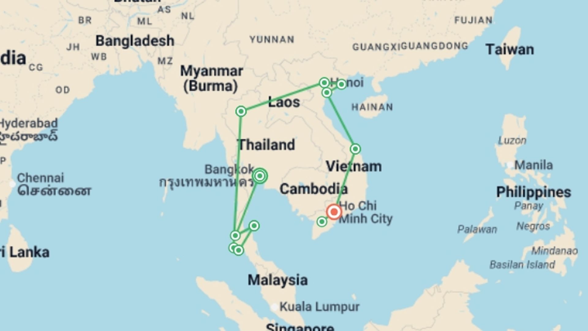A map showing the tour itinerary for the trip: Thailand & Vietnam Adventure - 29 days, starting in Bangkok, Thailand and ending in Ho Chi Minh City, Vietnam going through 10 other destinations.