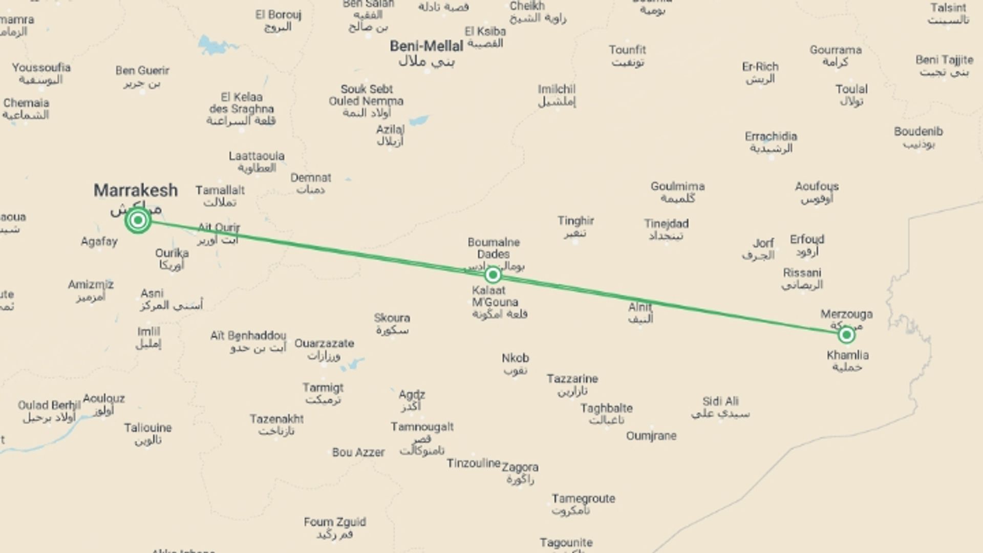 A map showing the tour itinerary for the trip: Sahara Desert Tour to Merzouga: 3 Days , starting in Marrakech, Morocco and ending in Marrakech, Morocco going through 3 other destinations.