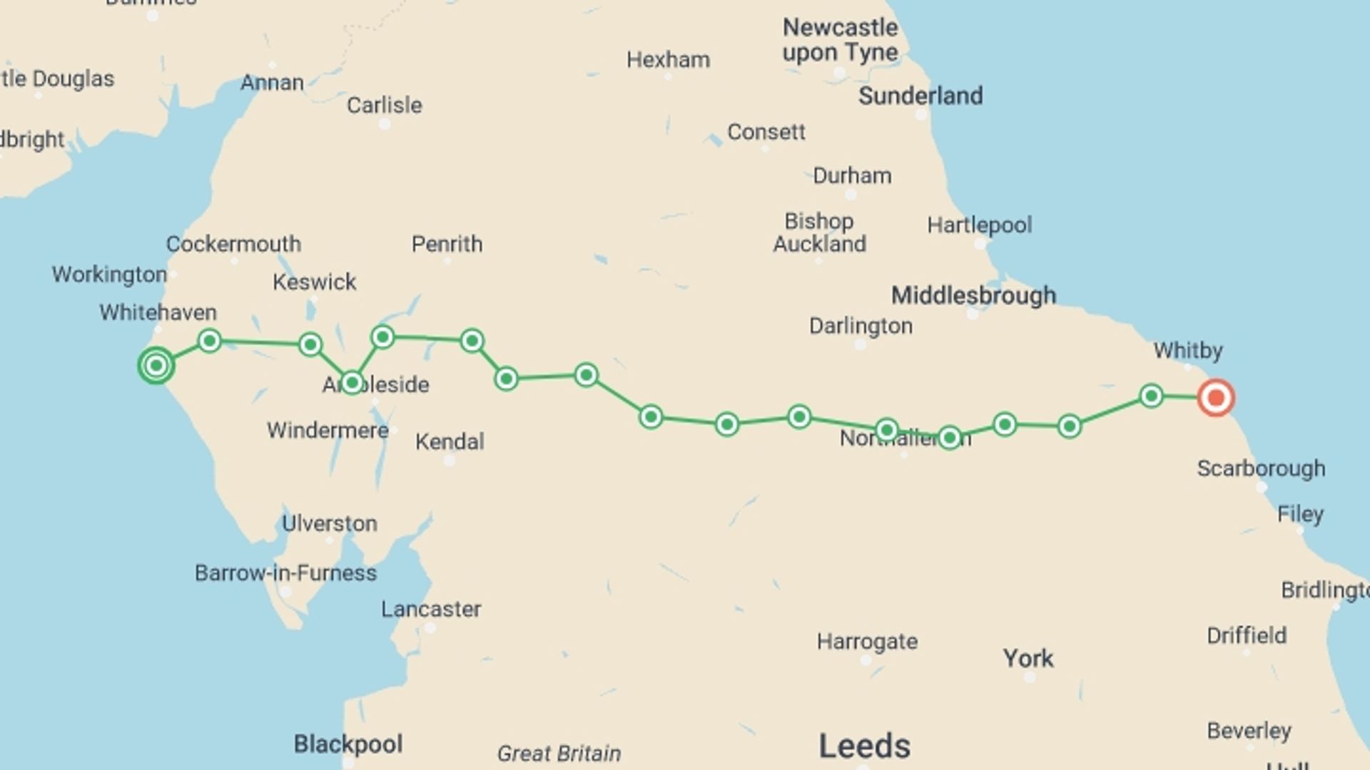 A map showing the tour itinerary for the trip: Walking from Coast to Coast, starting in St Bees, England and ending in Robin Hoods Bay, England going through 16 other destinations.