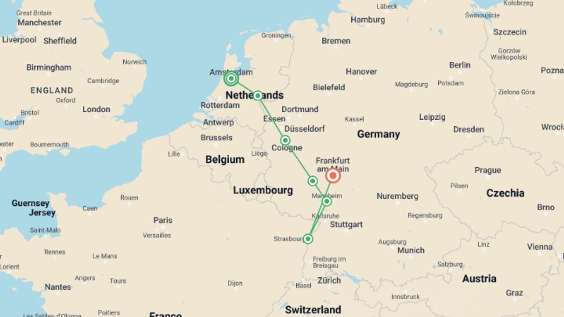 A map showing the tour itinerary for the trip: Radiant Rhine, starting in Amsterdam, Holland and ending in Frankfurt, Germany going through 7 other destinations.