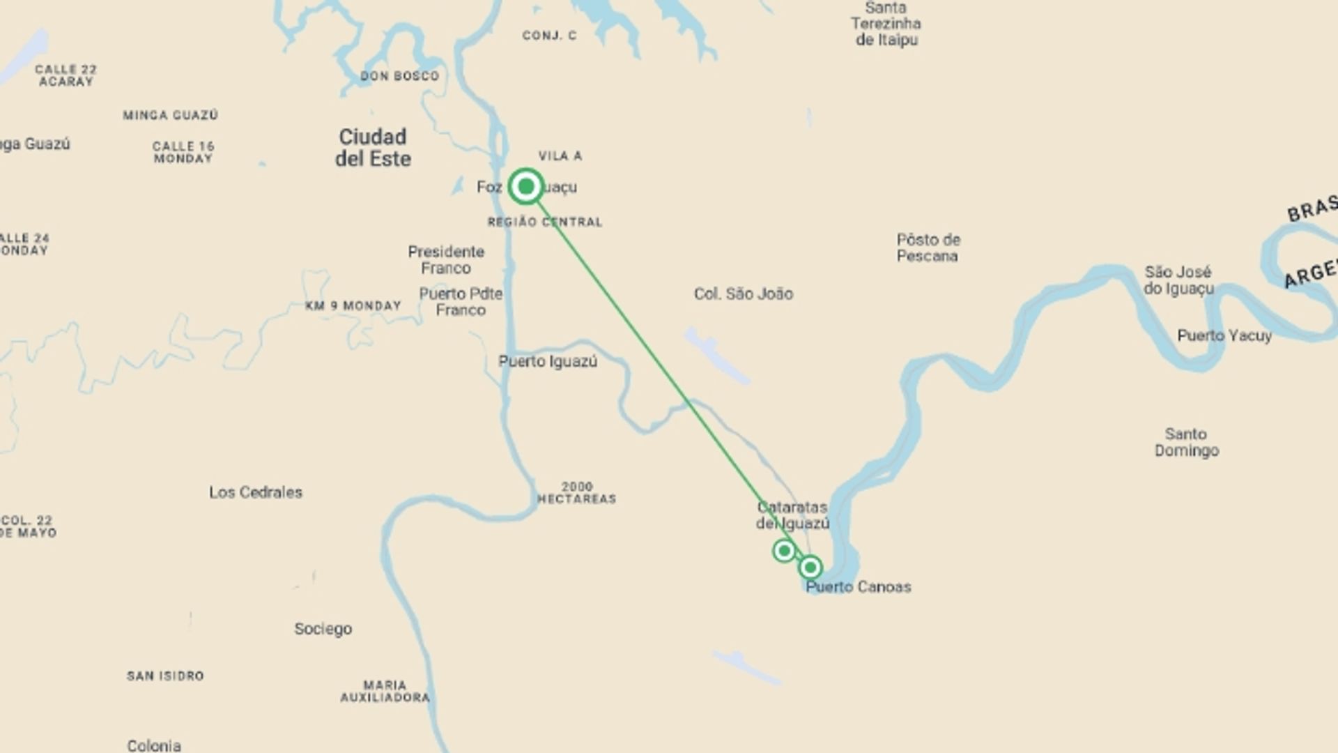 A map showing the tour itinerary for the trip: Iguazu Falls Independent Short Break, starting in Foz Do Iguacu, Brazil and ending in Foz Do Iguacu, Brazil going through 3 other destinations.