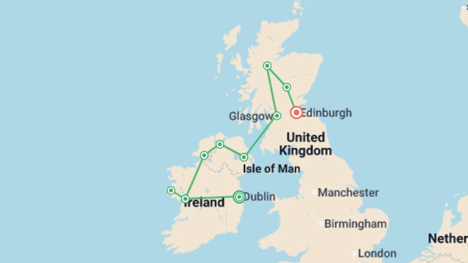 A map showing the tour itinerary for the trip: Highlights of Ireland and Scotland, starting in Dublin, Ireland and ending in Edinburgh, Scotland going through 5 other destinations.