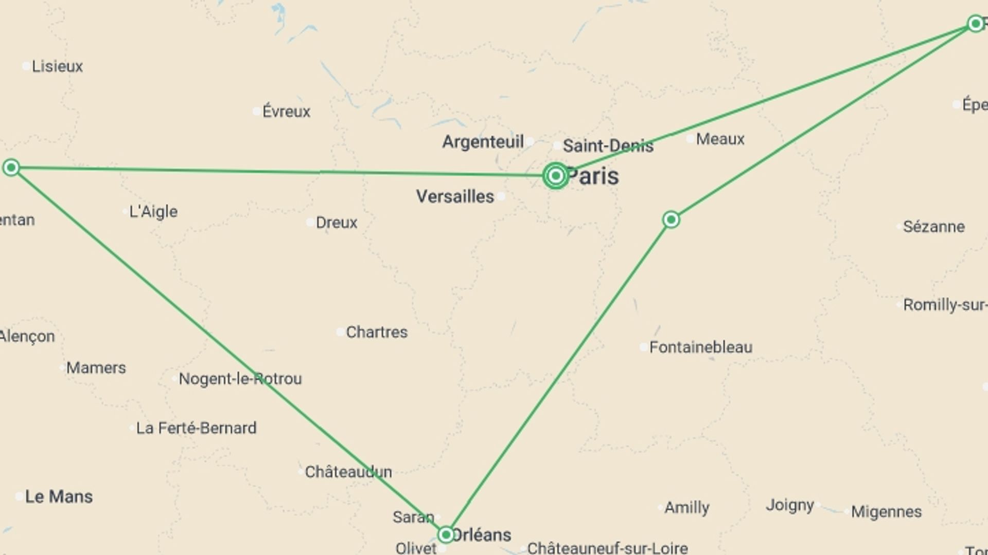 A map showing the tour itinerary for the trip: France in a Week, starting in Paris, France and ending in Paris, France going through 3 other destinations.