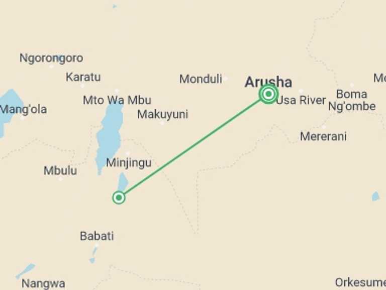 Map itinerary of Tanzania Tour in April 2027 with 2 destination visits for the trip: Mount Kilimanjaro Day Hike & Wildlife Safari