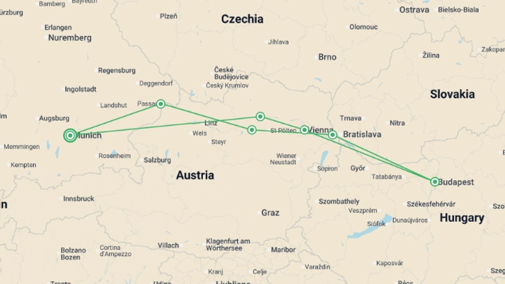 A map showing the tour itinerary for the trip: Imperial Danube - FIDELIO Standard, starting in Munich, Germany and ending in Munich, Germany going through 6 other destinations.