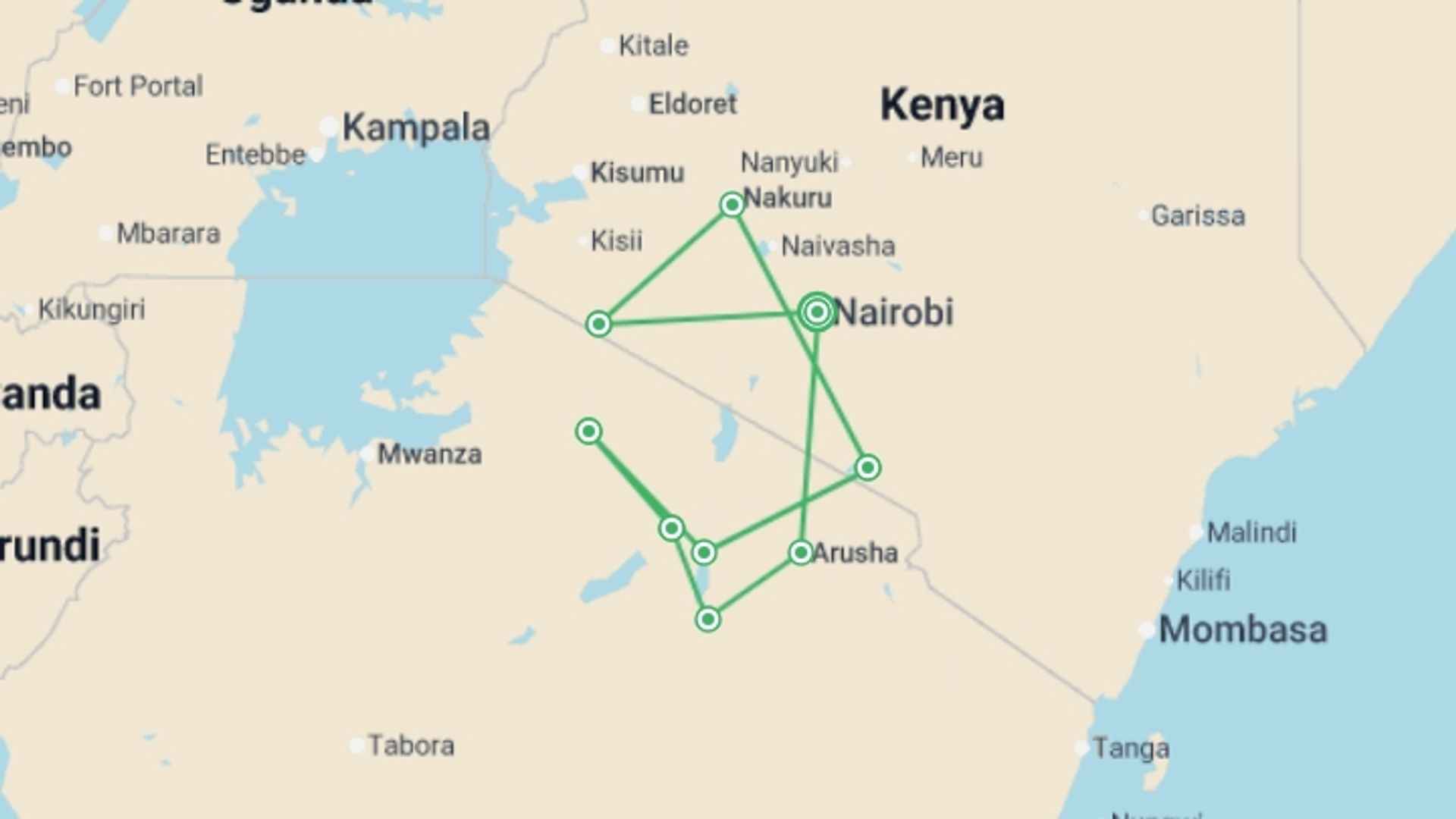 A map showing the tour itinerary for the trip: East African Explorer, Zebra Plains And Serena Lodges - Private Tour (multi Country), starting in Nairobi, Kenya and ending in Nairobi, Kenya going through 7 other destinations.