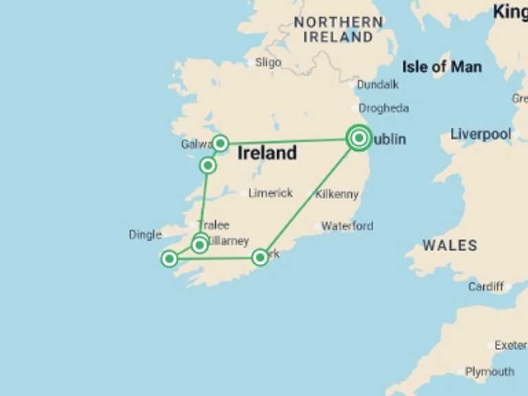 Map itinerary of Europe Tour in September 2026 with 7 destination visits for the trip: Highlights of Ireland & Islands - 7 days
