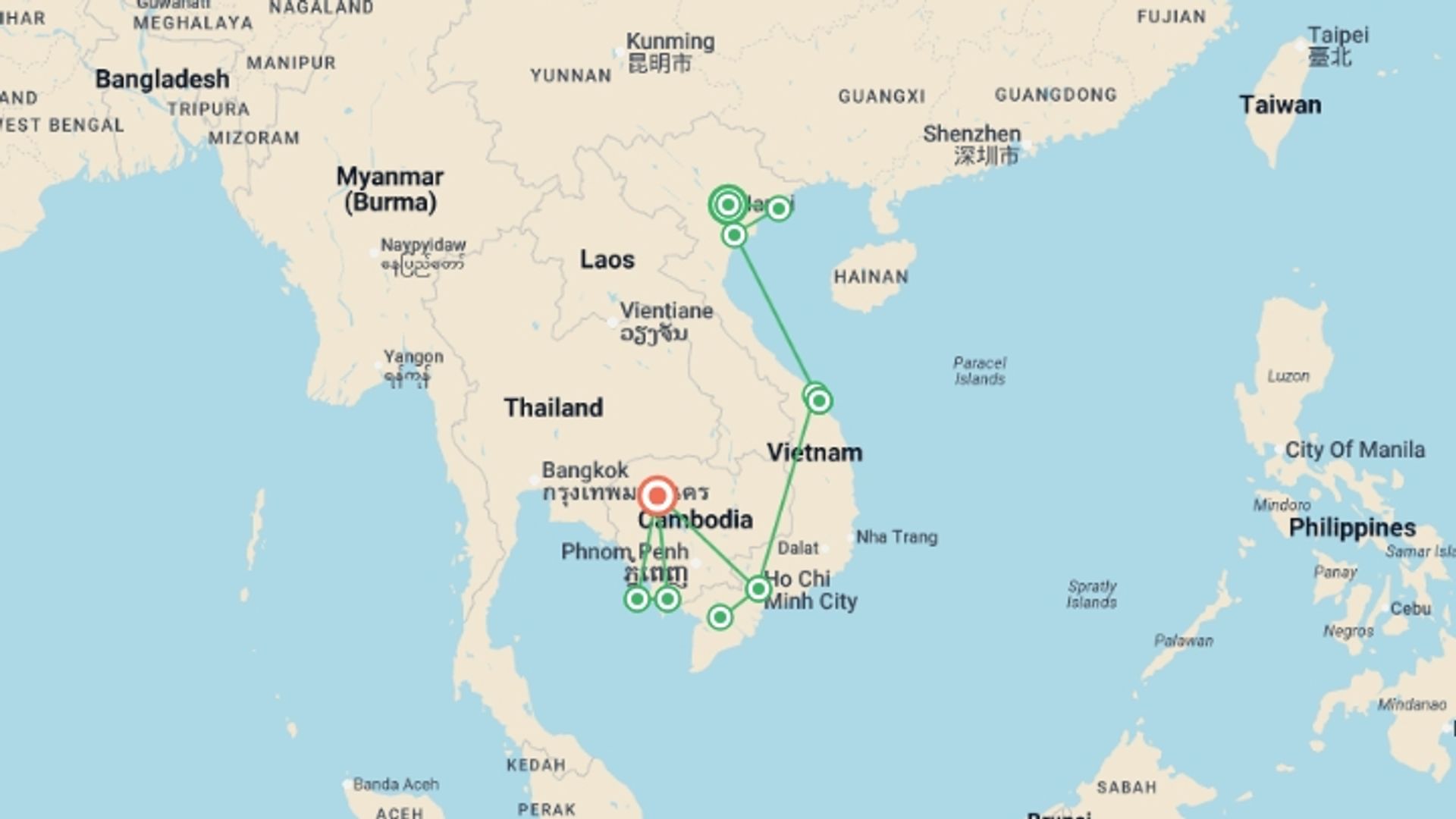 A map showing the tour itinerary for the trip: Hanoi to Siem Reap Youth Adventure  - 21 days, starting in Hanoi, Vietnam and ending in Siem Reap, Cambodia going through 8 other destinations.