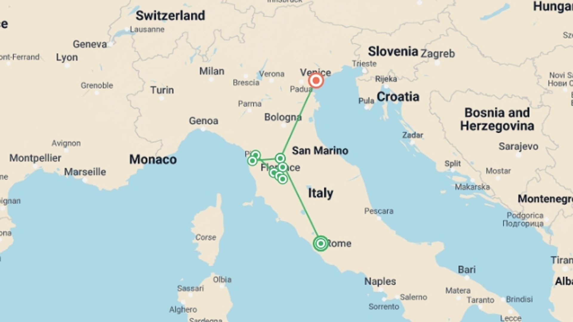 A map showing the tour itinerary for the trip: Premium Rome to Venice, starting in Rome, Italy and ending in Venice, Italy going through 2 other destinations.