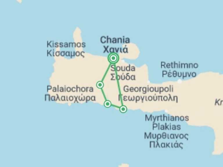 Map itinerary of Greece Tour in May 2027 with 4 destination visits for the trip: Hiking Crete: Gorges & Coastal Walks
