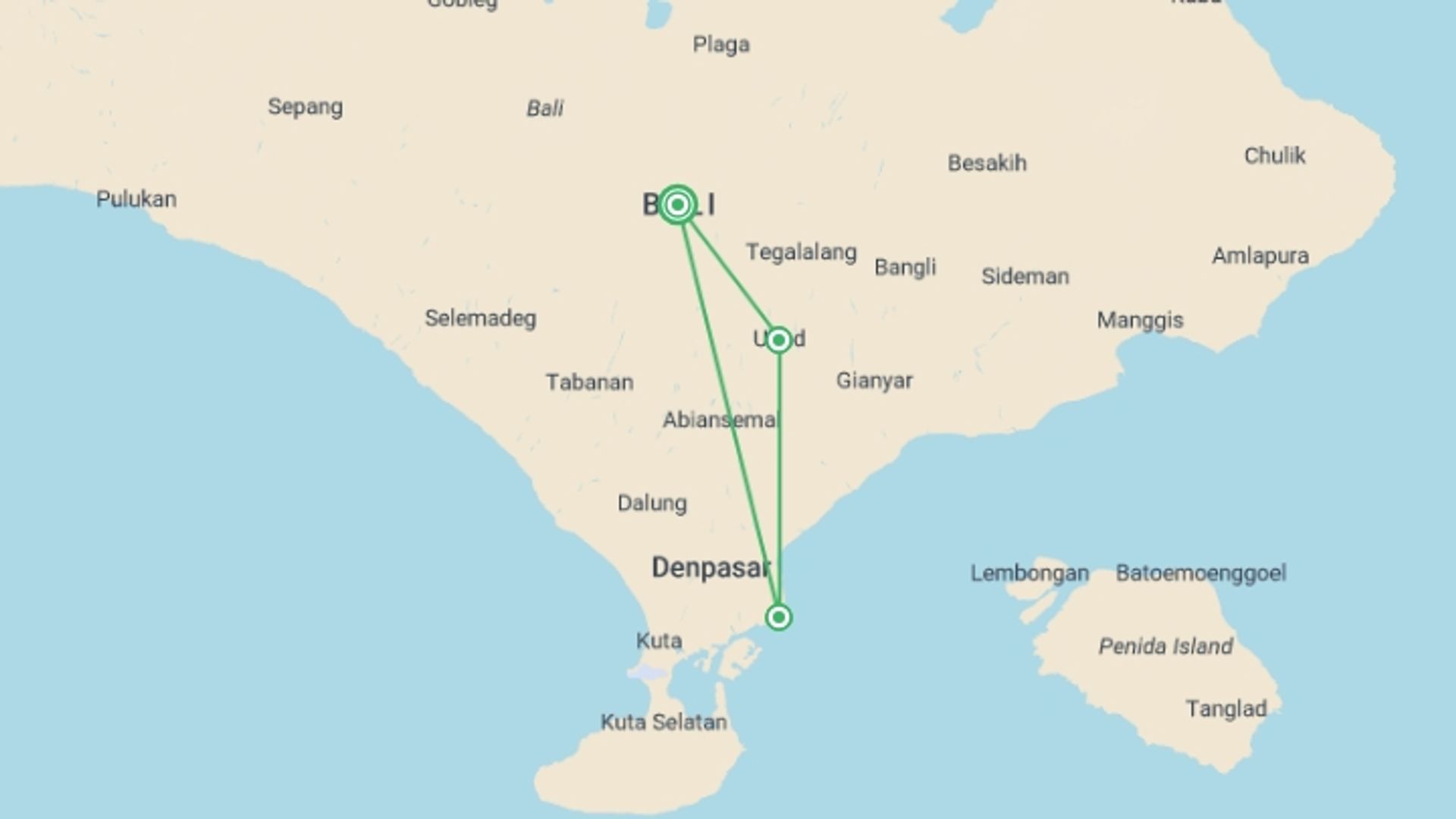 A map showing the tour itinerary for the trip: Magical Bali, starting in Bali, Indonesia and ending in Bali, Indonesia going through 3 other destinations.