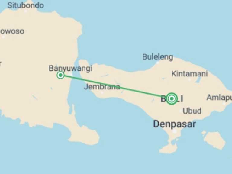 Map itinerary of Indonesia Tour in June 2027 with 2 destination visits for the trip: Ijen Blue Fire & Sunrise Hiking Trip
