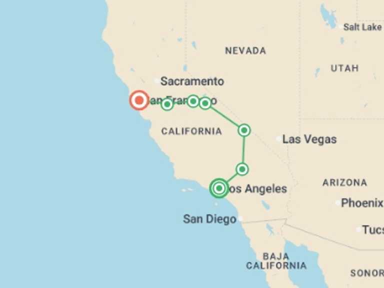 Map of a Adventure Tour with 6 destination visits for the trip: California Dreaming with Las Vegas