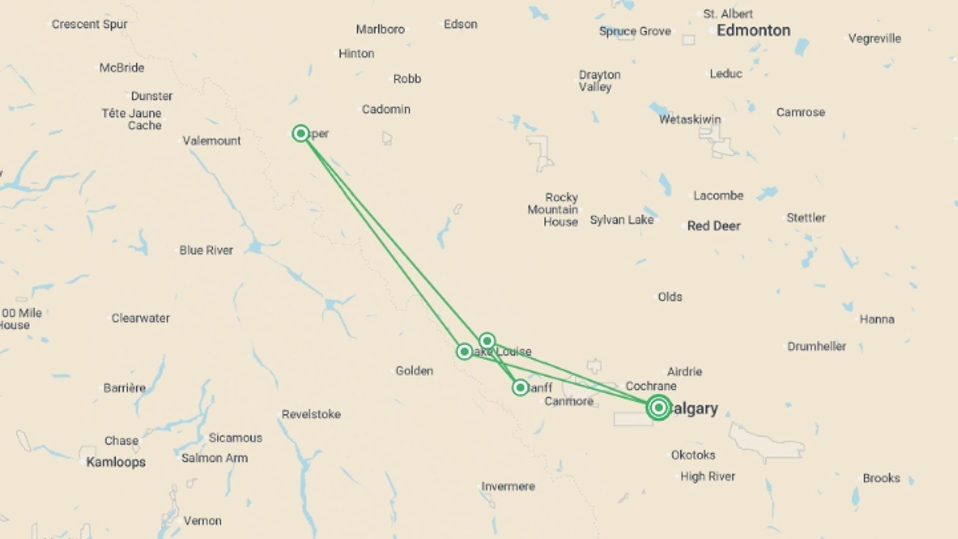 A map showing the tour itinerary for the trip: Classic Canadian Rockies, starting in Calgary, Canada and ending in Calgary, Canada going through 4 other destinations.